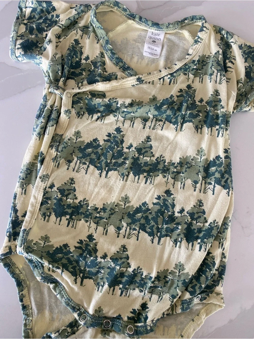 Kate Quinn organic Bamboo Knit Tree Print Wrap Bodysuit Short Sleeve 18-24M
